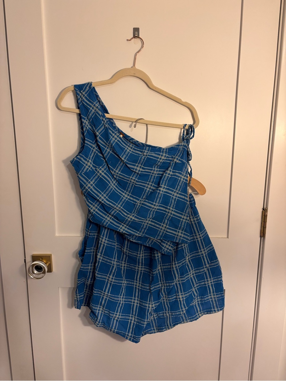 Free People Blue Plaid One-Shoulder Set